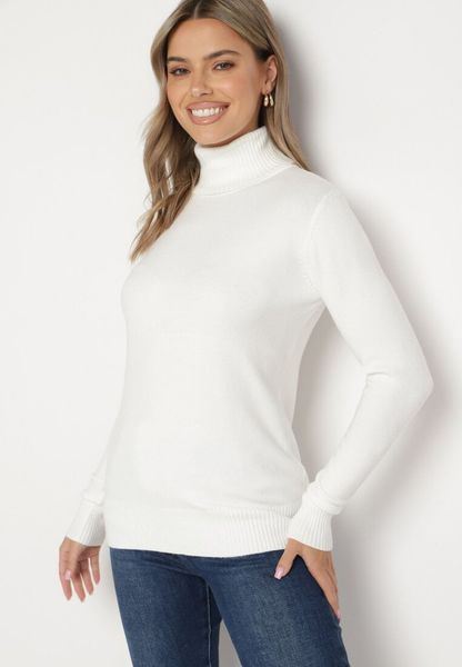 Biały Sweter z Golfem z Domieszką Kaszmiru i Wiskozy Zaisma. Białe golfy Born2be, bez wzorów, z jeansu, bez ramiączek. Za 89.99 zł.