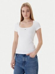 Tommy Jeans T-Shirt DW0DW21837 Biały Slim Fit. Białe t-shirty Tommy Jeans, m, bez wzorów, z jeansu, bez kołnierzyka, bez ramiączek. Za 169.99 zł.
