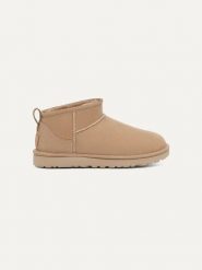 UGG Skórzane botki "Classic Ultra Mini" w kolorze beżowym rozmiar: 37. Brązowe botki UGG, bez wzorów, z wełny, bez obcasa, bez zapięcia. Za 616.40 zł.