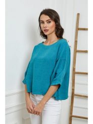 Fleur de Lin Lniana bluzka "Georginia" w kolorze turkusowym rozmiar: L. Niebieskie bluzki Fleur de Lin, l, bez wzorów, ze lnu, bez kołnierzyka, bez ramiączek. Za 114.44 zł.