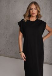 Czarna Sukienka T-shirtowa z Krótkimi Szerokimi Rękawami Arisea. Czarne sukienki Renee, do pracy, na lato, bez wzorów, biznesowe, bez kołnierzyka, bez ramiączek, midi. Za 89.99 zł.