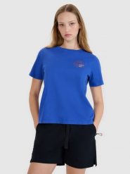 4F T-shirt regular z nadrukiem damski - niebieski XL. Niebieskie t-shirty 4f, xl, bez wzorów, z bawełny, bez kołnierzyka, bez ramiączek. W wyprzedaży za 29.99 zł.
