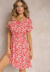 Czerwona Wiskozowa Mini Sukienka w Kwiatowy Print z Gumką w Pasie Frolia. Czerwone sukienki Renee, l, bez wzorów, z wiskozy, bez kołnierzyka, bez ramiączek, mini. Za 39.99 zł.