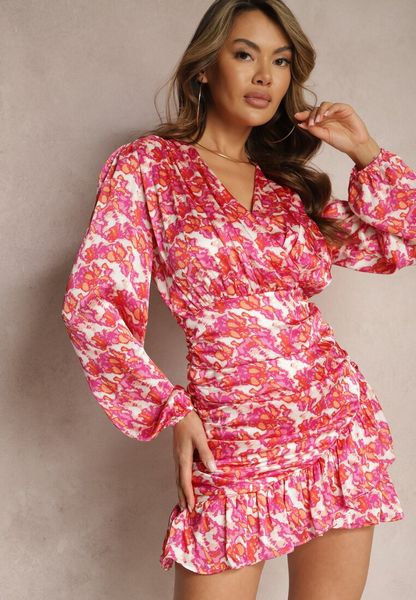 Różowa Taliowana Sukienka Mini o Rozkloszowanym Kroju z Falbankami Ihellia. Czerwone sukienki Renee, l, bez wzorów, bez kołnierzyka, bez ramiączek, mini, kopertowe. Za 139.99 zł.