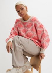 Sweter boxy. Czerwone swetry bonprix, bez wzorów, z żakardem, bez ramiączek. Za 124.99 zł.