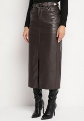Czarna Długa Spódnica High Waist z Imitacji Skóry z Dodatkowym Paskiem i Rozcięciem Wyneti. Czarne spódnice Born2be, na co dzień, l, bez wzorów, ze skóry, eleganckie, maxi, koszulowe. Za 159.99 zł.