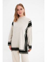 Trendyol Sweter w kolorze beżowo-czarnym rozmiar: S/M. Brązowe swetry Trendyol, m, bez wzorów, ze splotem, bez ramiączek. Za 79.21 zł.
