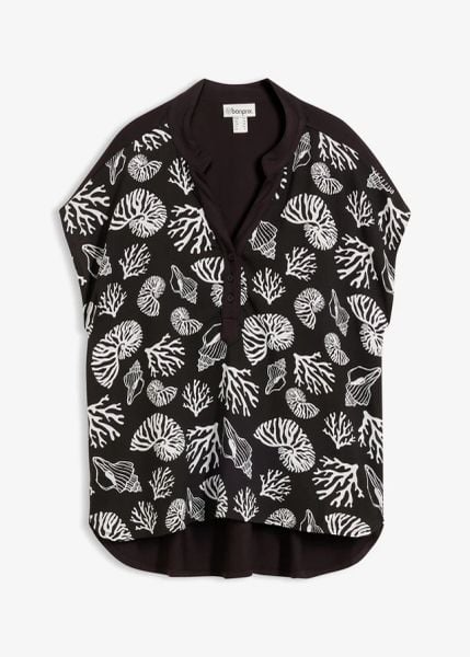 Bluzka koszulowa z mieszanki materiałów. Czarne bluzki bonprix, bez wzorów, z materiału, bez kołnierzyka, bez ramiączek. Za 32.99 zł.