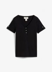 Prążkowana bluzka Henley z czystej bawełny. Brązowe bluzki bonprix, bez wzorów, z bawełny, bez kołnierzyka, bez ramiączek. Za 32.99 zł.