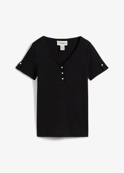 Prążkowana bluzka Henley z czystej bawełny. Brązowe bluzki bonprix, bez wzorów, z bawełny, bez kołnierzyka, bez ramiączek. Za 32.99 zł.