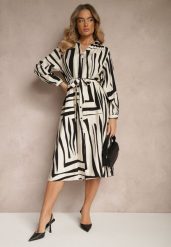 Czarna Sukienka z Wiskozą o Koszulowym Kroju w Geometryczny Print Ninatria. Czarne sukienki Renee, na co dzień, l, bez wzorów, z wiskozy, eleganckie, bez kołnierzyka, bez ramiączek, midi, koszulowe. Za 109.99 zł.