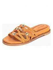 INUOVO Skórzane klapki w kolorze jasnobrązowym rozmiar: 38. Brązowe klapki Inuovo, z aplikacjami, z otwartym noskiem, bez obcasa. Za 252.99 zł.