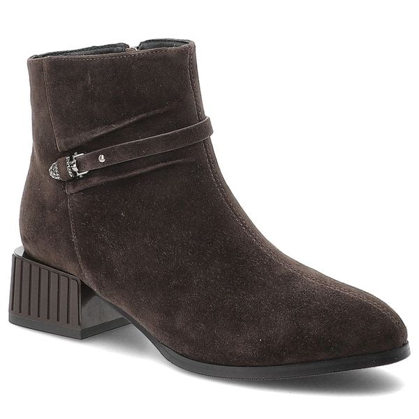 Botki damskie S. Barski, na klocku ze skóry i ocieplane z zapięciem na suwak, ciemnobrązowe, CR52-651. Brązowe botki S.BARSKI, na jesień, bez wzorów, ze skóry, bez obcasa, na obcasie, bez zapięcia. Za 299.00 zł.