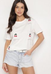 Biały Bawełniany T-shirt Zdobiony Haftem z Motywem w Wiśnie Nevianira. Białe t-shirty Born2be, m, z aplikacjami, z bawełny, bez kołnierzyka, bez ramiączek. Za 29.99 zł.