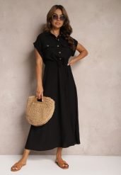 Czarna Sukienka z Wiskozy o Rozkloszowanym Kroju z Gumką w Pasie i Napami Memvia. Czarne sukienki Renee, na co dzień, m, bez wzorów, z wiskozy, eleganckie, bez kołnierzyka, bez ramiączek, maxi, kopertowe. Za 99.99 zł.