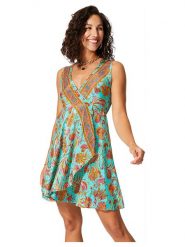 Aller Simplement Sukienka w kolorze turkusowo-pomarańczowym rozmiar: 38/40. Pomarańczowe sukienki Aller Simplement, na co dzień, bez wzorów, bez kołnierzyka, bez ramiączek, mini, kopertowe. Za 56.99 zł.