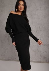 Czarna Nietoperzowa Sukienka z Dzianiny z Wiskozą z Dekoltem w Łódkę Yuzoma. Czarne sukienki Renee, m, bez wzorów, z dzianiny, bez kołnierzyka, bez ramiączek, maxi, oversize. Za 169.99 zł.