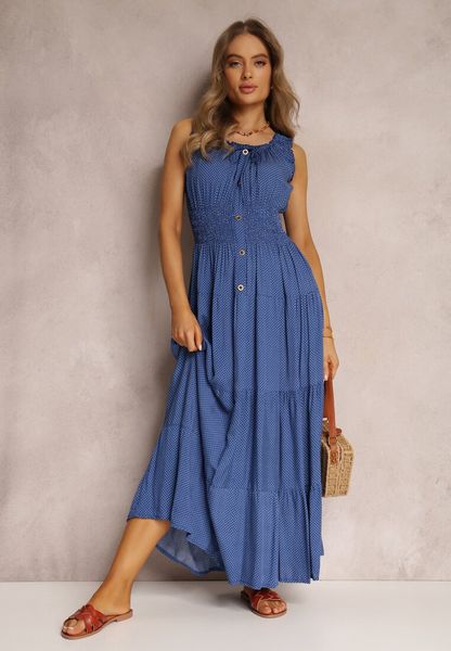 Niebieska Sukienka Kilroy. Niebieskie sukienki Renee, na lato, l, bez wzorów, boho, bez kołnierzyka, bez ramiączek, maxi, rozkloszowane. Za 119.99 zł.