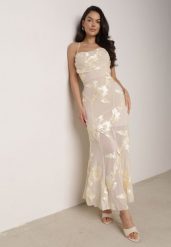 Beżowa Koktajlowa Sukienka Siateczkowa z Odkrytymi Plecami z Wiązaniem Cezelle. Brązowe sukienki Born2be, l, z aplikacjami, z materiału, eleganckie, bez kołnierzyka, bez ramiączek, maxi, kopertowe. Za 219.99 zł.