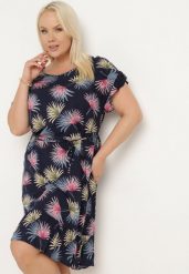 Granatowo-Różowa Bawełniana Sukienka z Florystycznym Motywem i Wiązaniem w Talii Rissani. Niebieskie sukienki Born2be, na imprezę, na lato, l, bez wzorów, z bawełny, bez kołnierzyka, bez ramiączek, midi. Za 59.99 zł.