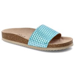 Turkusowe Klapki Yokono Stylowe Obuwie Damskie. Niebieskie klapki Yokono, bez wzorów, ze skóry, bez obcasa, na obcasie. Za 99.99 zł.