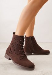 Brązowe Sznurowane Botki z Ażurową Cholewką Zeliana. Brązowe botki Born2be, w ażurowe wzory, z jeansu, bez obcasa, na płaskiej podeszwie, bez zapięcia. Za 119.99 zł.