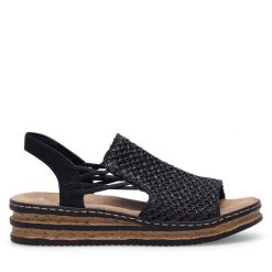 Sandały Rieker. Czarne sandały Rieker, bez wzorów, bez obcasa, na koturnie, bez zapięcia. Za 259.99 zł.