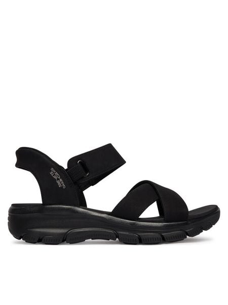 Skechers Sandały 163534/BBK Czarny. Czarne sandały Skechers, bez wzorów, ze skóry, bez obcasa, na płaskiej podeszwie, bez zapięcia. Za 245.99 zł.