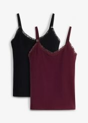 Bluzka ciążowa i do karmienia 2 w 1 z koronką (2 szt.). Czarne bluzki bonprix, bez wzorów, z koronki, bez kołnierzyka, moda ciążowa, bez ramiączek. Za 124.99 zł.