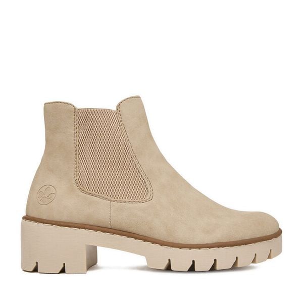 Botki Rieker. Brązowe botki Rieker, bez wzorów, bez obcasa, na płaskiej podeszwie, bez zapięcia. Za 349.99 zł.