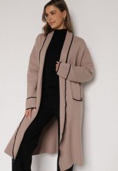 Beżowy Długi Niezapinany Kardigan Ozdobiony Lamówką Veritusa. Brązowe kardigany Born2be, uniwersalny, bez wzorów, z jeansu. Za 119.99 zł.