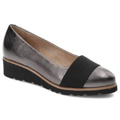 Półbuty damskie Simen, wsuwane ze skórzaną i miękką wkładką , srebrne Ferro, 0274-Vs04-Ferro. Szare czółenka Simen, bez wzorów, biznesowe, bez obcasa, na koturnie, bez zapięcia. Za 179.00 zł.