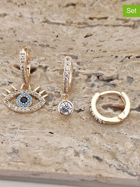 Luja Bijoux 3-częściowy zestaw kolczyków-kreoli z cyrkoniami rozmiar: onesize. Żółte kolczyki Luja Bijoux, z cyrkonią, z mosiądzu. Za 70.45 zł.