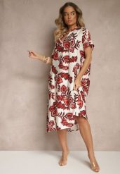 Bordowa Sukienka z Lnem i Wiskozą w Etniczne Kwiaty o Pudełkowym Kroju Natireia. Czerwone sukienki Renee, na co dzień, l, bez wzorów, z wiskozy, eleganckie, bez kołnierzyka, bez ramiączek, midi. Za 59.99 zł.