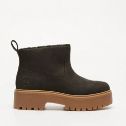 Timberland STONE STREET MID WARM LINED BOOT BLACK NUBUCK Botki damskie. Czarne botki Timberland, bez wzorów, z nubiku, bez obcasa, bez zapięcia. Za 621.99 zł.