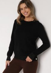 Czarny Sweter z Guzikami z Boku Tusiana. Czarne swetry Born2be, bez wzorów, z jeansu, bez ramiączek. Za 79.99 zł.