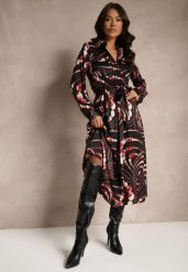 Czarno-Czerwona Koszulowa Sukienka o Rozkloszowanym Kroju z Gumką w Talii w Abstrakcyjny Print Tinnelittia. Czarne sukienki Renee, na co dzień, l, bez wzorów, eleganckie, bez kołnierzyka, bez ramiączek, koszulowe. Za 169.99 zł.