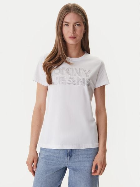 DKNY T-Shirt DJ6T1692 Biały Regular Fit. Białe t-shirty DKNY, xs, bez wzorów, z bawełny, bez kołnierzyka, bez ramiączek. Za 121.99 zł.