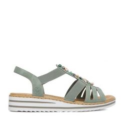 Sandały Rieker. Zielone sandały Rieker, bez wzorów, bez obcasa, na koturnie, bez zapięcia. Za 319.99 zł.