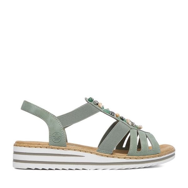 Sandały Rieker. Zielone sandały Rieker, bez wzorów, bez obcasa, na koturnie, bez zapięcia. Za 319.99 zł.