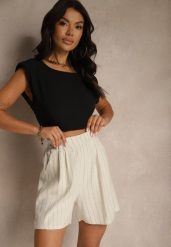 Beżowe Szorty z Lnem i Wiskozą High Waist w Paski Kolirelle. Brązowe szorty Renee, bez wzorów, z wiskozy, z podwyższonym stanem. Za 69.99 zł.
