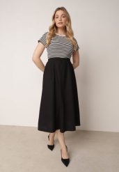 Czarno-Biała Rozkloszowana Sukienka z Bawełny z Górą w Paski Aethephaia. Czarne sukienki Born2be, na co dzień, na lato, m, bez wzorów, z bawełny, casualowe, bez kołnierzyka, bez ramiączek, midi, proste. Za 99.99 zł.