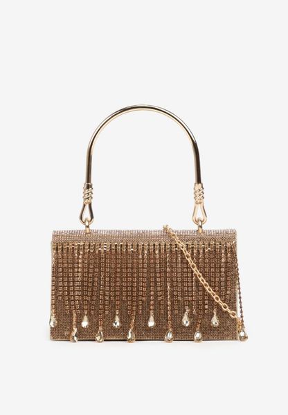 Złota Torebka Kopertówka z Cyrkoniami Rączką i Łańcuszkiem Fesovira. Żółte torby na ramię Renee, bez wzorów, bez dodatków. Za 89.99 zł.