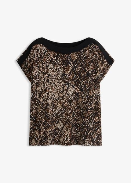 Koszulka z satynową wstawką. Czarne bluzki bonprix, bez wzorów, z satyny, eleganckie, bez kołnierzyka, bez ramiączek. Za 89.99 zł.