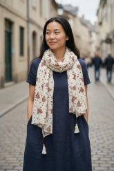 Maison Scotch damski szalik z czystej bawełny z nadrukiem żaglówek i frędzlami. Białe szaliki 55PROTEC, bez wzorów, z bawełny. Za 220.99 zł.