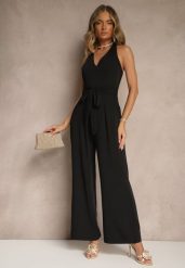 Czarny Kombinezon o Taliowanym Kroju z Dekoltem Halter i Wiązanym Paskiem Malisena. Czarne sukienki Renee, na co dzień, l, bez wzorów, eleganckie, bez kołnierzyka, bez ramiączek. Za 104.99 zł.