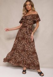 Brązowa Rozkloszowana Sukienka Hiszpanka z Gumką w Talii w Panterkowy Wzór Hiterta. Brązowe sukienki Renee, na co dzień, l, bez wzorów, eleganckie, bez kołnierzyka, bez ramiączek, maxi, rozkloszowane. Za 49.99 zł.
