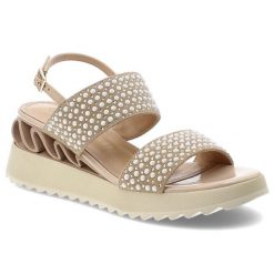 Sandały damskie S.Barski, skóra naturalna szerokie paski z dekoracyjnymi perełkami regulowany pasek z klamrą miękka wkładka stabilna platforma, beżow. Brązowe sandały S.BARSKI, bez wzorów, ze skóry, bez obcasa, na koturnie, bez zapięcia. Za 309.00 zł.