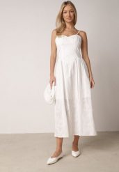 Biała Bawełniana Sukienka o Rozkloszowanym Kroju na Ramiączka z Haftem Rhethiphe. Białe sukienki Born2be, na co dzień, na lato, m, bez wzorów, z bawełny, eleganckie, bez kołnierzyka, bez ramiączek, maxi, gorsetowe. Za 169.99 zł.