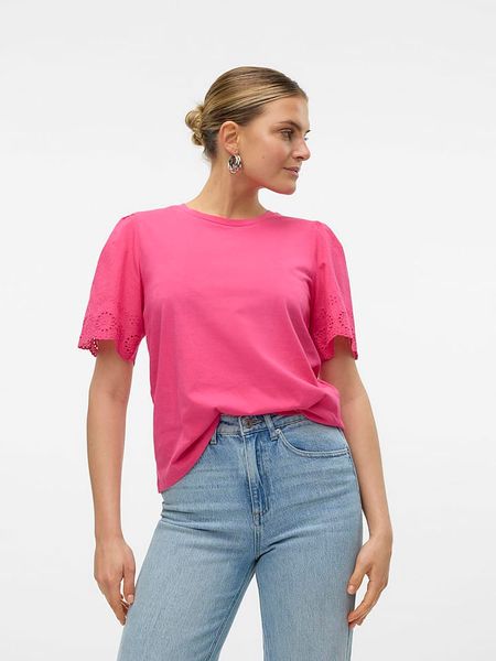 Vero Moda Koszulka w kolorze różowym rozmiar: S. Różowe bluzki Vero Moda, s, bez wzorów, z bawełny, bez kołnierzyka, bez ramiączek. Za 55.95 zł.